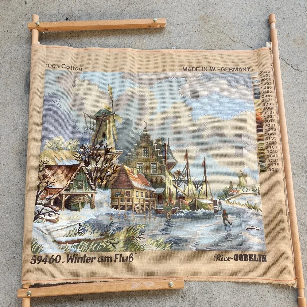 Vtg Needlepoint Tapestry Wiehler GOBELIN Germany Winter Am Flub 24